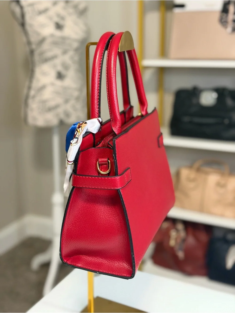 Red Structured Top-Handle Tote with Scarf Accent & Crossbody Strap